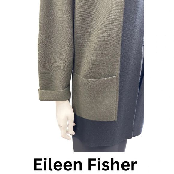 Eileen  Fisher Cardigan Sweater Pockets Collarless Merino Wool Dark Green XS - Picture 5 of 6
